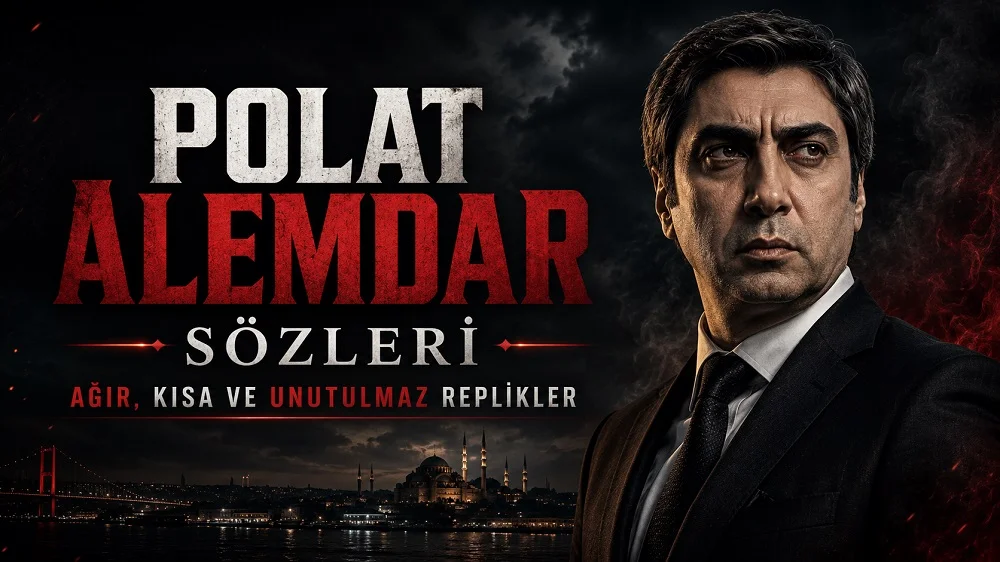 Koyu ve dramatik arka plan üzerinde takım elbiseli Polat Alemdar benzeri karakter portresi, İstanbul silüeti ve “Polat Alemdar Sözleri: Ağır, Kısa ve Unutulmaz Replikler” yazısının yer aldığı yatay kapak görseli.