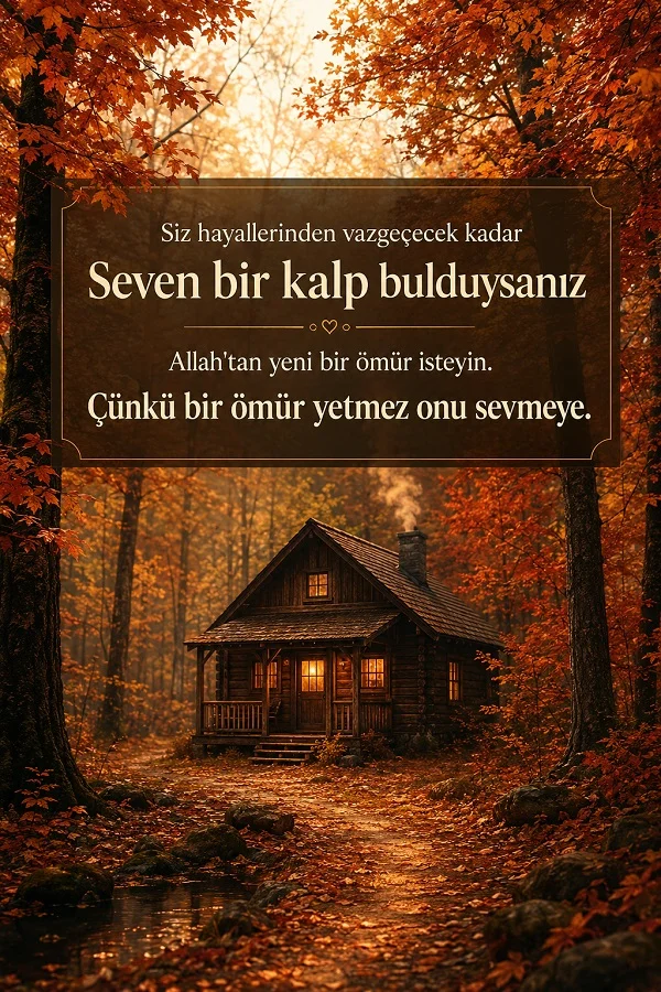 Sonbahar ormanında küçük ahşap ev fonu üzerinde “Seven bir kalp bulduysanız Allah’tan yeni bir ömür isteyin. Çünkü bir ömür yetmez onu sevmeye.” sözünün bulunduğu romantik tasarım.