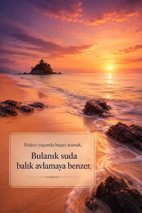 Deniz kıyısında gün batımı manzarası üzerinde “Risksiz yaşamda başarı aramak, bulanık suda balık avlamaya benzer.” sözünün bulunduğu motivasyon temalı tasarım.