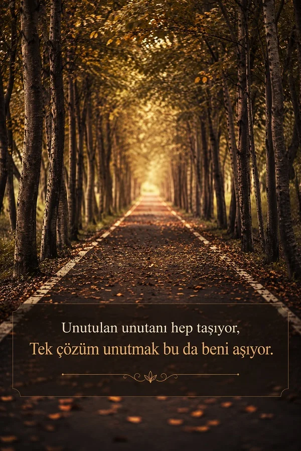 Ağaçlarla kaplı uzun bir yol üzerinde “Unutulan unutanı hep taşıyor, tek çözüm unutmak bu da beni aşıyor.” sözünün yer aldığı hüzünlü tasarım.