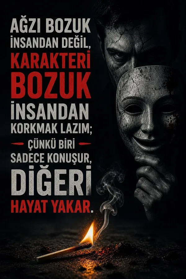 Yüzünde maske tutan bir adam ve karakter vurgulu sert söz görseli.