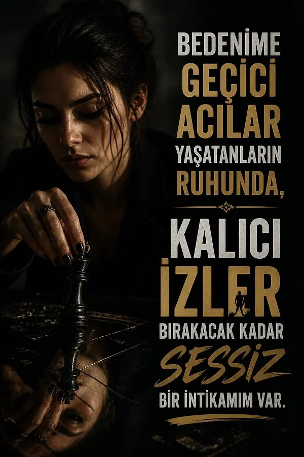 Satranç oynayan kadın ve intikam temalı güçlü söz görseli.