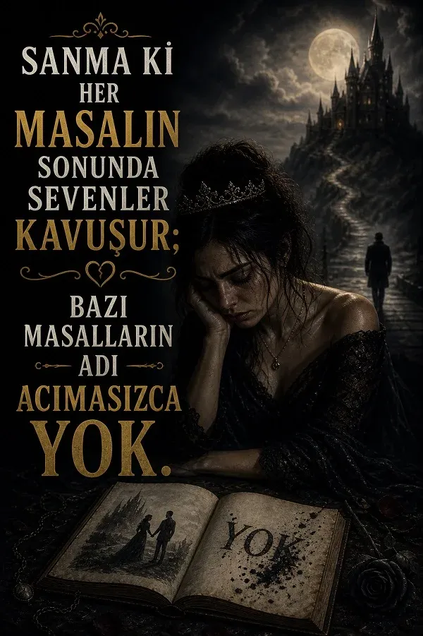 Masal kitabı ve üzgün kadın figürüyle hazırlanmış dramatik söz görseli.