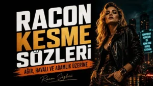 Sarı dalgalı saçlı, siyah deri ceketli kadın figürü ve canlı renkli büyük tipografiyle hazırlanmış “Racon Kesme Sözleri: Ağır, Havalı ve Adamlık Üzerine” başlıklı modern kapak görseli.