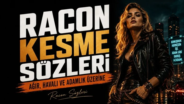 Sarı dalgalı saçlı, siyah deri ceketli kadın figürü ve canlı renkli büyük tipografiyle hazırlanmış “Racon Kesme Sözleri: Ağır, Havalı ve Adamlık Üzerine” başlıklı modern kapak görseli.