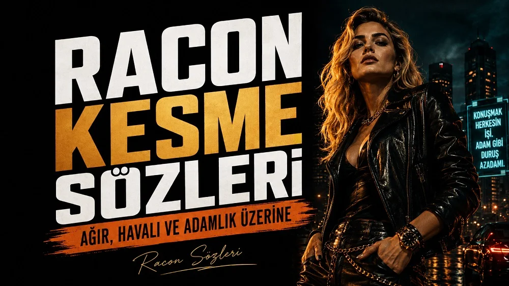 Sarı dalgalı saçlı, siyah deri ceketli kadın figürü ve canlı renkli büyük tipografiyle hazırlanmış “Racon Kesme Sözleri: Ağır, Havalı ve Adamlık Üzerine” başlıklı modern kapak görseli.