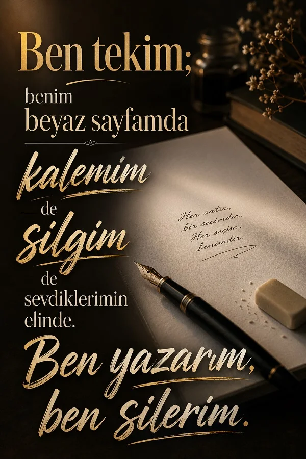 Masa üzerinde dolma kalem, silgi ve açık bir kâğıt bulunan görselde “Ben tekim; benim beyaz sayfamda kalemim de silgim de sevdiklerimin elinde. Ben yazarım, ben silerim.” sözü yer alıyor.