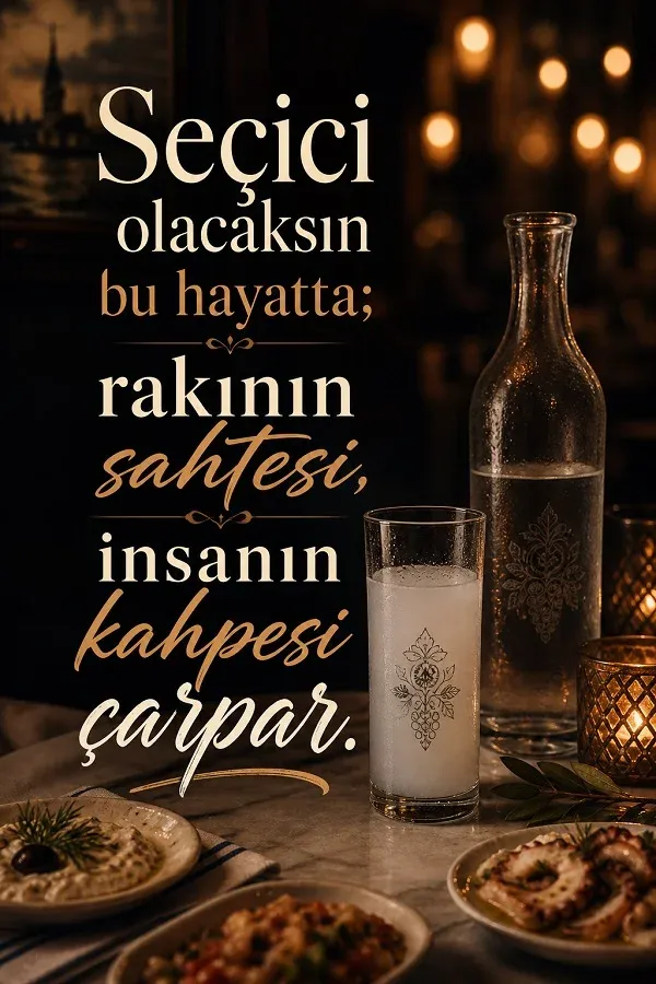 Rakı şişesi ve kadeh eşliğinde anlamlı ve sert hayat sözü