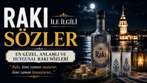 Gece manzarasında rakı şişesi, kadehler ve meze tabağı bulunan, rakı ile ilgili sözler temasını yansıtan kapak görseli.