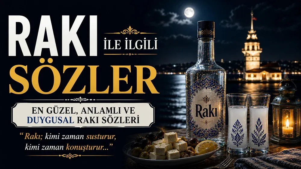 Gece manzarasında rakı şişesi, kadehler ve meze tabağı bulunan, rakı ile ilgili sözler temasını yansıtan kapak görseli.