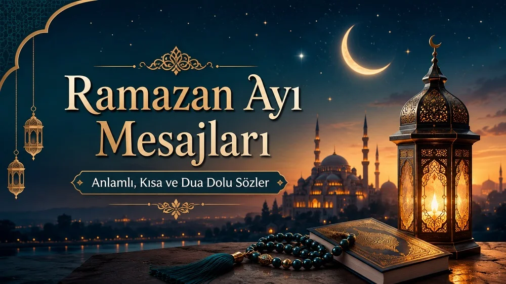 Cami, hilal, kandil, tesbih ve Kur’an detaylarıyla hazırlanmış Ramazan ayı mesajları kapak görseli.
