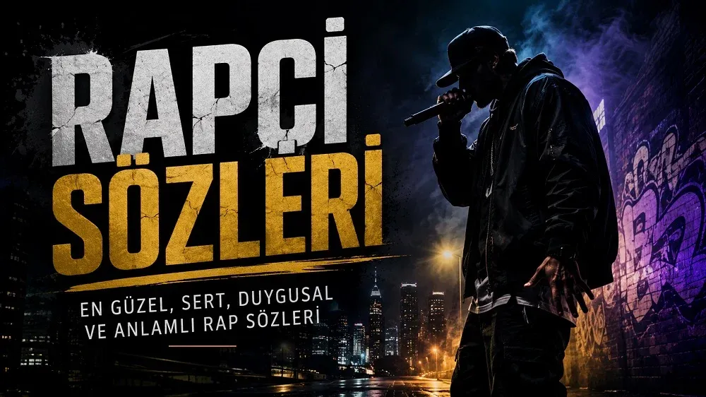 Rapçi Sözleri başlıklı, gece şehir atmosferinde mikrofon tutan rapçi figürü ve graffiti detayları bulunan 16:9 kapak görseli.
