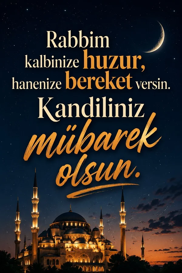 Hilalli gece göğü ve büyük cami önünde, kalplere huzur ve evlere bereket dileyen Regaip Kandili mesajı.
