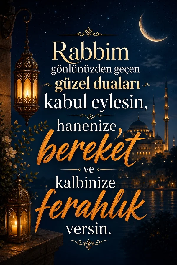 Kandil feneri, hilal ve cami manzarası eşliğinde duaların kabulünü, bereketi ve ferahlığı dileyen kandil mesajı.