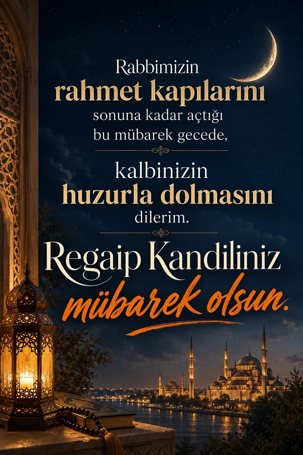 Kandil, tespih ve cami manzarasıyla, Regaip Kandili’nde rahmet kapılarının açılmasını ve kalbin huzurla dolmasını dileyen mesaj.