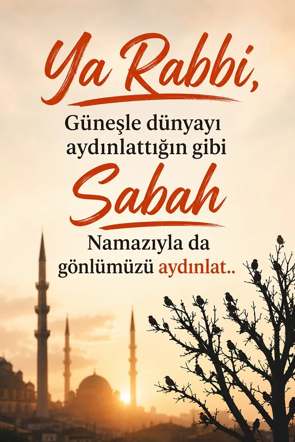 Gün doğumunda cami silüeti ve ağaçtaki kuşlar eşliğinde “Ya Rabbi, güneşle dünyayı aydınlattığın gibi sabah namazıyla da gönlümüzü aydınlat.” duası yazıyor.