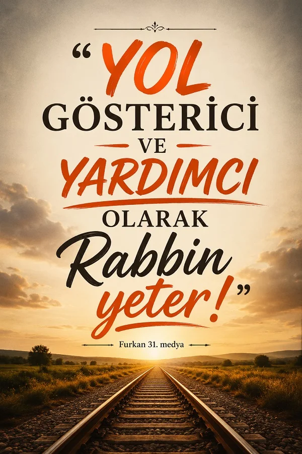 Gün batımına doğru uzanan tren yolu üzerinde “Yol gösterici ve yardımcı olarak Rabbin yeter!” sözü yer alıyor.