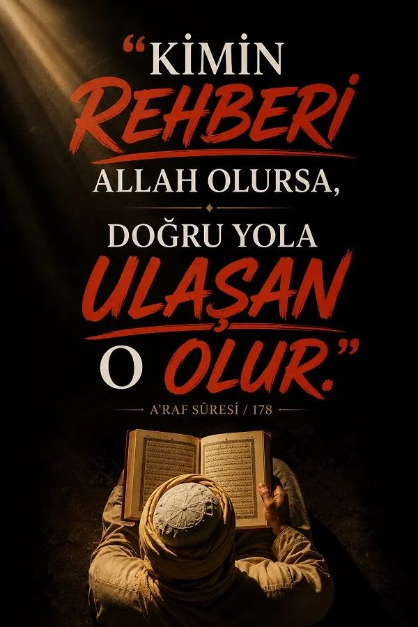 Işık altında Kur’an okuyan bir kişi ve koyu arka plan üzerinde “Kimin rehberi Allah olursa, doğru yola ulaşan o olur.” sözü yazıyor.