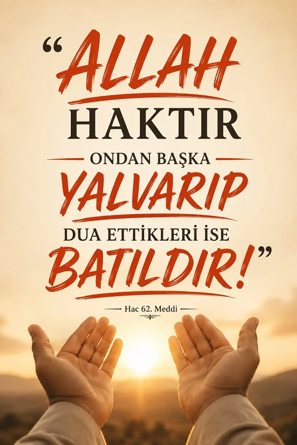Gün batımı önünde dua için açılmış iki el üzerinde “Allah haktır, O’ndan başka yalvarıp dua ettikleri ise batıldır.” sözü yer alıyor.