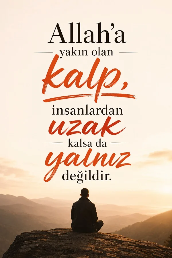 Dağ manzarasına karşı bir kayanın üzerinde oturan kişi ve “Allah’a yakın olan kalp, insanlardan uzak kalsa da yalnız değildir.” sözü yer alıyor.