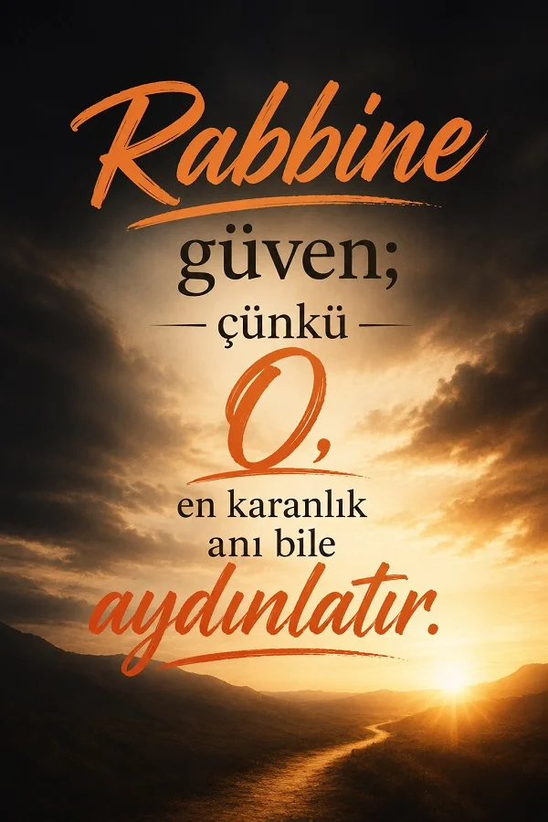 Bulutlu bir gökyüzü altında ufka uzanan aydınlık yol ve “Rabbine güven; çünkü O, en karanlık anı bile aydınlatır.” sözü yazıyor.
