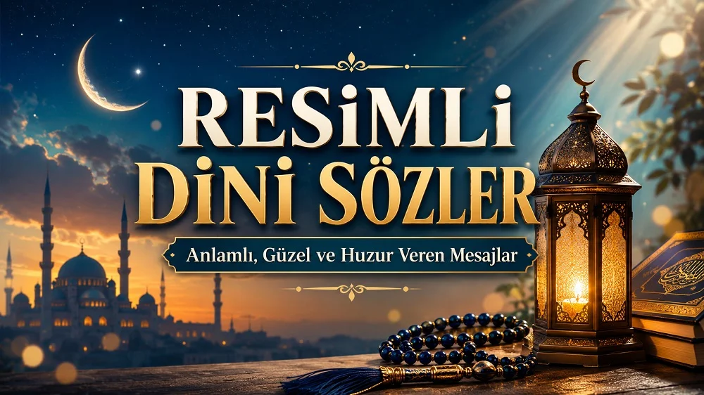 Hilal, cami, kandil, tesbih ve Kur’an detaylarıyla hazırlanmış “Resimli Dini Sözler” başlıklı huzurlu dini kapak görseli.
