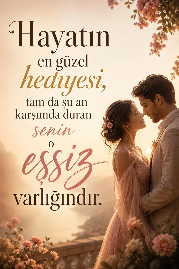 Gün batımı fonunda çiçeklerle çevrili romantik bir ortamda birbirine yakın duran bir çiftin yanında “Hayatın en güzel hediyesi, tam da şu an karşımda duran senin o eşsiz varlığındır.” sözünün yer aldığı tasarım.