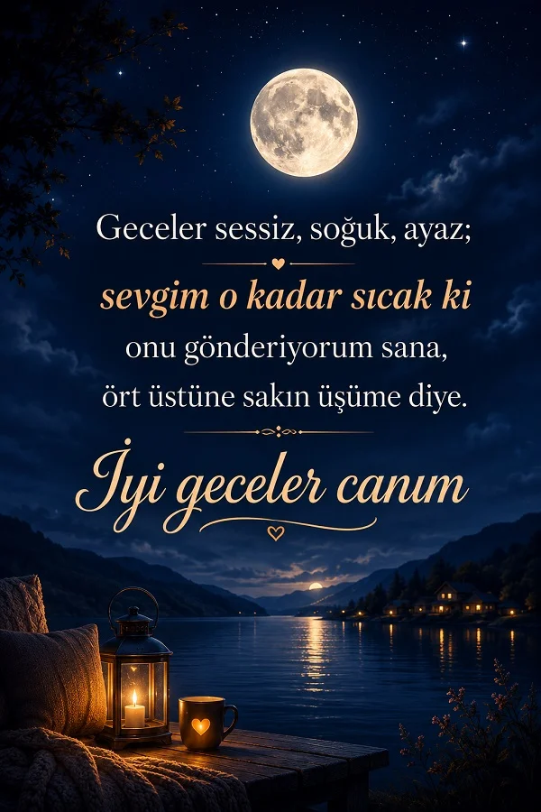 Ay ışıklı göl manzarası, fener ve kupa eşliğinde “Geceler sessiz, soğuk, ayaz; sevgim o kadar sıcak ki onu gönderiyorum sana, ört üstüne sakın üşüme diye. İyi geceler canım” sözünün yer aldığı romantik gece temalı görsel.