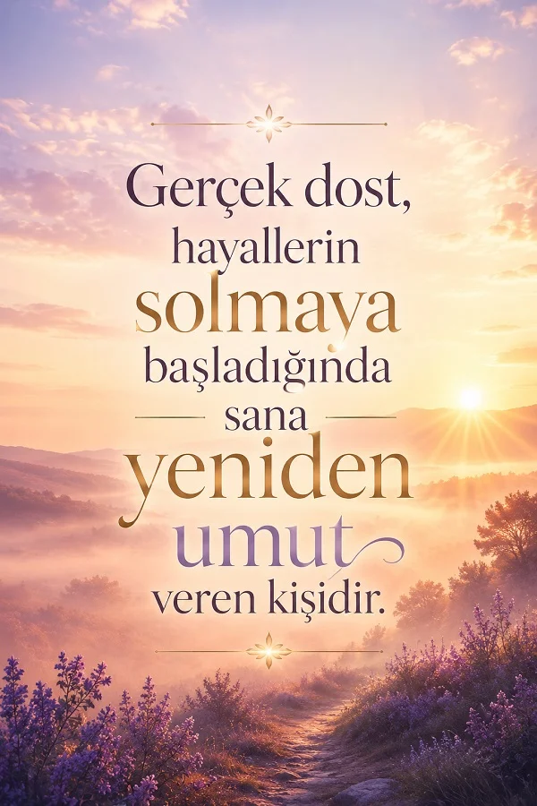Sisli gün doğumu manzarasında çiçekli patika fonu üzerinde “Gerçek dost, hayallerin solmaya başladığında sana yeniden umut veren kişidir.” sözünün yer aldığı dostluk temalı tasarım.