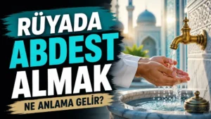 Rüyada abdest almak ne anlama gelir başlıklı, cami atmosferinde musluktan akan suyla ellerini yıkayan kişinin yer aldığı turkuaz ve beyaz tonlarda kapak görseli.