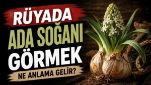 Rüyada Ada Soğanı Görmek Ne Anlama Gelir başlıklı, köklü ada soğanı bitkisi ve beyaz çiçeklerinin yer aldığı yeşil, kahverengi ve bej tonlarda hazırlanmış blog kapak görseli.