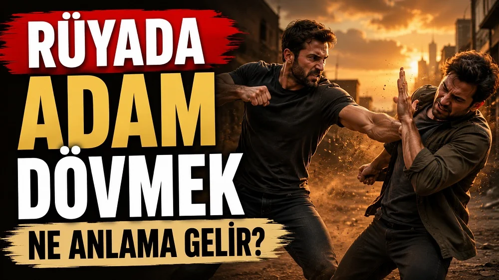 Rüyada Adam Dövmek Ne Anlama Gelir başlıklı, iki adam arasında yaşanan gerilimli kavga sahnesinin yer aldığı koyu kırmızı, siyah ve sıcak altın tonlarda hazırlanmış blog kapak görseli.