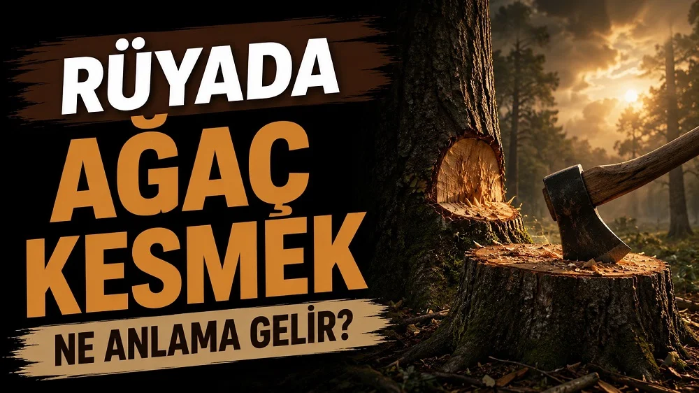 Rüyada ağaç kesmek ne anlama gelir başlıklı, ormanda kesilmiş ağaç gövdesi ve balta detayları bulunan kahverengi ve amber tonlarda kapak görseli.