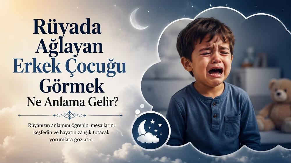 Rüyada ağlayan erkek çocuğu görmek ne anlama gelir başlıklı, gece ve bulut temalı rüya atmosferinde ağlayan erkek çocuğunun yer aldığı mavi tonlu kapak görseli.