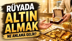 Rüyada altın almak ne anlama gelir başlıklı, kuyumcuda takı kutusu içinde altın bilezik, altın paralar ve külçeler bulunan parlak altın tonlarda kapak görseli.