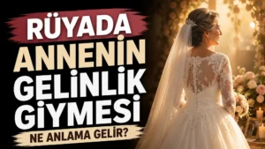 Rüyada Annenin Gelinlik Giymesi Ne Anlama Gelir başlıklı, gelinlik giyen olgun bir kadının sıcak ışıklar ve çiçeklerle çevrili ortamda yer aldığı blog kapak görseli.