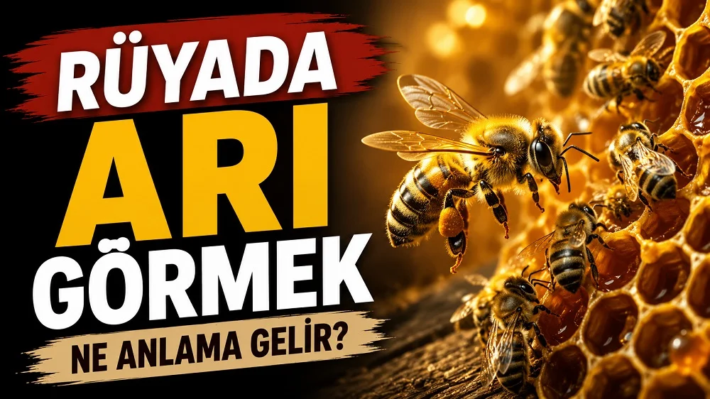Rüyada Arı Görmek Ne Anlama Gelir başlıklı, bal peteği üzerinde ve çevresinde arıların yer aldığı sıcak altın sarısı tonlarda hazırlanmış blog kapak görseli.
