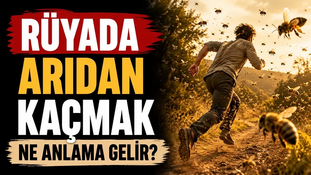 Rüyada Arıdan Kaçmak Ne Anlama Gelir başlıklı, arı sürüsünden kaçan bir kişinin yer aldığı sarı, siyah ve sıcak altın tonlarda hazırlanmış blog kapak görseli.