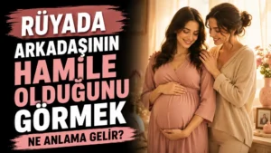 Rüyada arkadaşının hamile olduğunu görmek ne anlama gelir başlıklı, sıcak ışıklı ortamda hamile bir kadın ve yanında ona destek olan arkadaşının yer aldığı pembe tonlu kapak görseli.