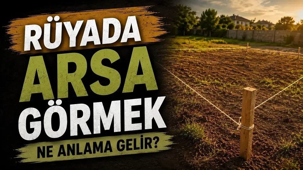Rüyada arsa görmek başlıklı kapak görselinde ölçülmüş boş bir arazi, toprak zemin, sınır kazıkları ve “Rüyada Arsa Görmek Ne Anlama Gelir?” yazısı yer alıyor.
