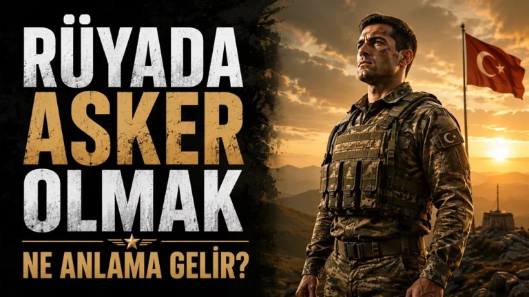 Rüyada asker olmak ne anlama gelir başlıklı, gün batımı atmosferinde üniformalı asker ve Türk bayrağı detayının yer aldığı güçlü kapak görseli.
