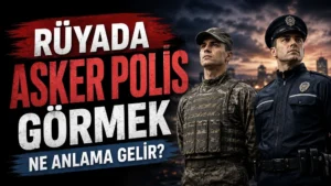 Rüyada asker polis görmek ne anlama gelir başlıklı, asker ve polis figürlerinin yer aldığı koyu mavi ve kırmızı tonlu kapak görseli.
