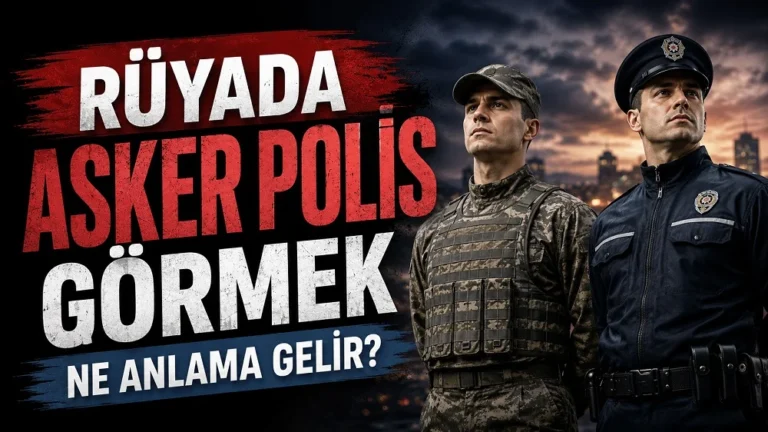 Rüyada asker polis görmek ne anlama gelir başlıklı, asker ve polis figürlerinin yer aldığı koyu mavi ve kırmızı tonlu kapak görseli.