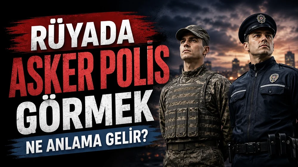 Rüyada asker polis görmek ne anlama gelir başlıklı, asker ve polis figürlerinin yer aldığı koyu mavi ve kırmızı tonlu kapak görseli.
