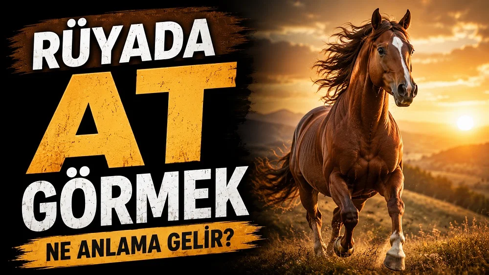 Rüyada at görmek ne anlama gelir başlıklı, gün batımı ışığında koşan kahverengi atın yer aldığı sıcak tonlu kapak görseli.