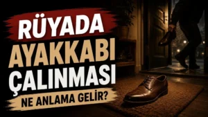 Rüyada Ayakkabı Çalınması Ne Anlama Gelir başlıklı, kapı önündeki bir ayakkabı ve elinde ayakkabıyla uzaklaşan karanlık bir figürün yer aldığı blog kapak görseli.