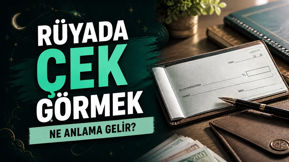 Rüyada çek görmek ne anlama gelir başlıklı, çek defteri, kalem ve finans temalı detaylarla hazırlanmış rüya tabiri kapak görseli.