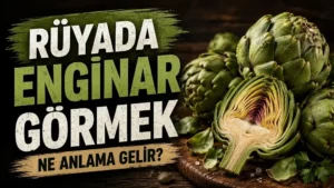 Ahşap zemin üzerinde taze enginarlar ve ortadan kesilmiş bir enginar ile hazırlanmış, “Rüyada Enginar Görmek Ne Anlama Gelir?” yazılı kapak görseli.