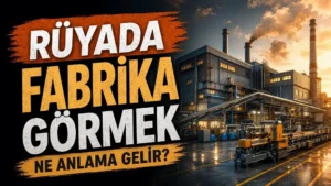 Rüyada Fabrika Görmek Ne Anlama Gelir? yazılı, büyük sanayi tesisi ve üretim hattı bulunan endüstriyel blog kapak görseli.