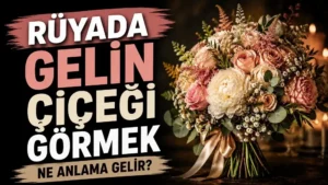 Rüyada gelin çiçeği görmek ne anlama gelir başlığıyla hazırlanmış, sağ tarafta zarif gelin buketi bulunan romantik ve dikkat çekici kapak tasarımı.
